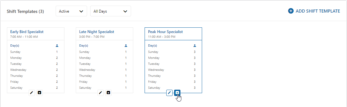 A screenshot of the Shift Templates with the archive button highlighted.