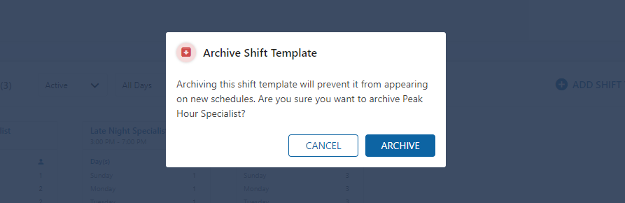 A screenshot of the Shift Template Archive Confirmation Screen stating: Archiving this shift template will prevent it from appearing on new schedule.