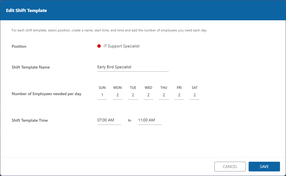 A screenshot of the Edit Shift Template Screen showing the options listed below.