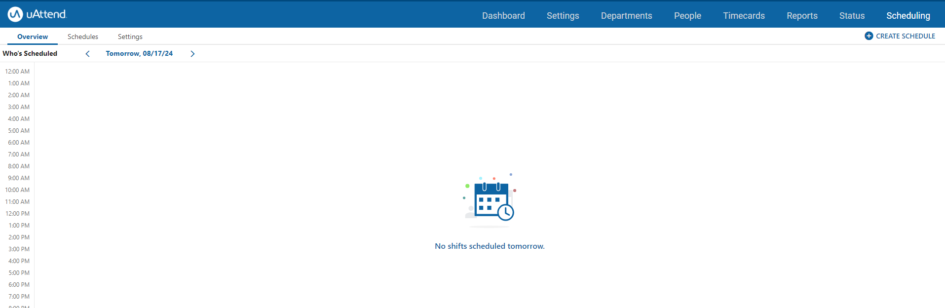 A screenshot of the uAttend Scheduling Overview page showing just the times on the right with a No Shifts Scheduled message.