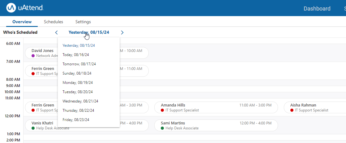 A screenshot of the Scheduling Overview page with the date dropdown menu showing.