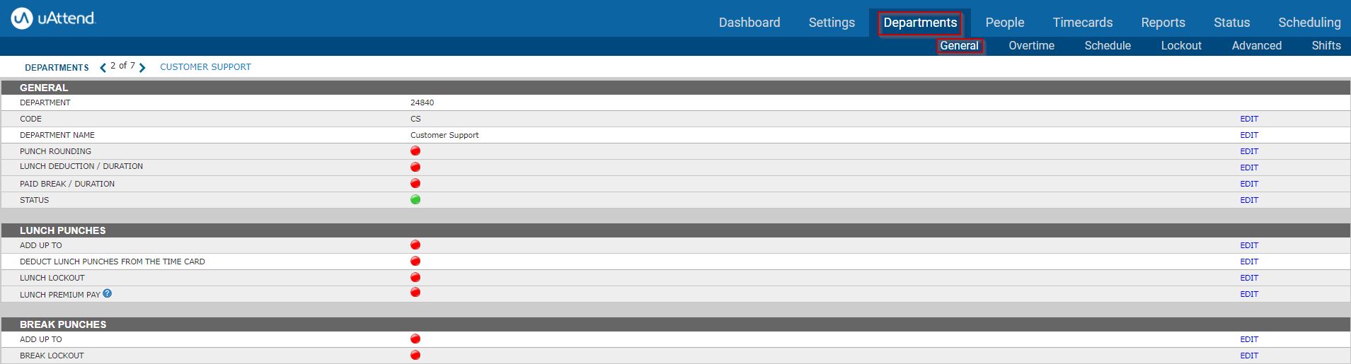 A screenshot of the uAttend Department General Settings with no settings changed or updated.