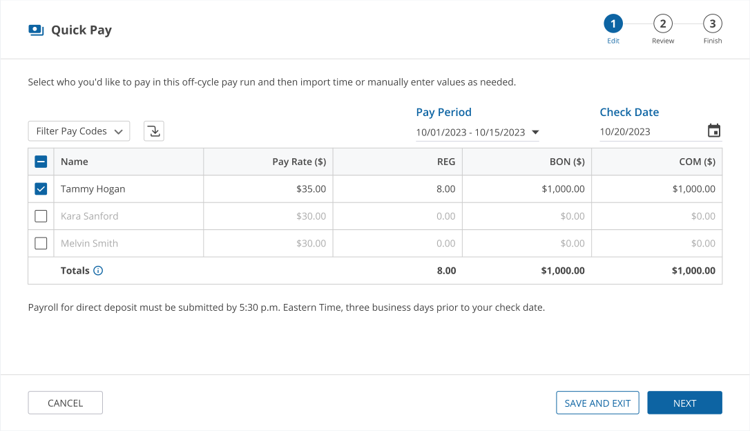 uAttend Payroll Off Cycle Person Selected_ Pay Codes Selected_ Values Entered.png