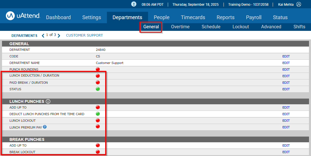 A screenshot of a department's General sub-tab with a red box around the General tab and a red box around the break and lunch settings.