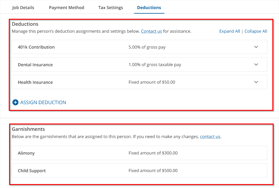 uAttend Deductions Deduction section and Garnishment section in Red Boxes.png