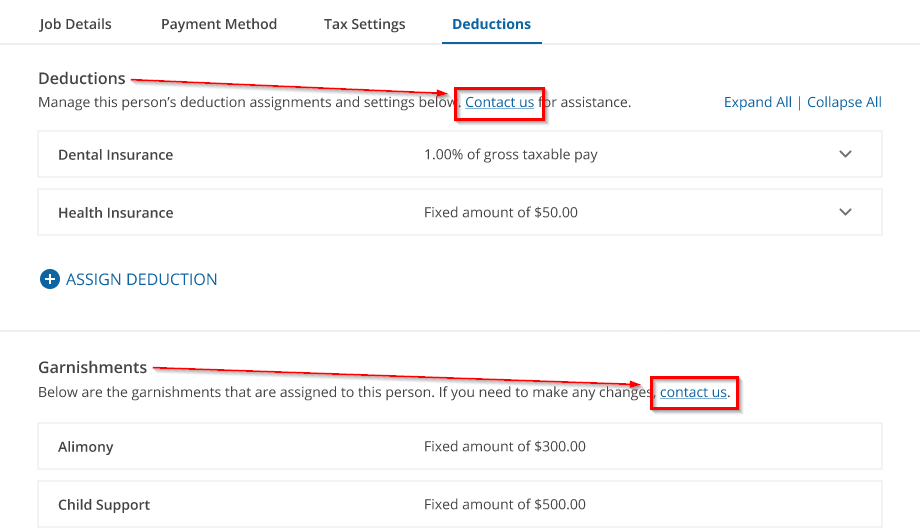 uAttend Deduction Contact Us Links in Red Boxes with Arrows.png