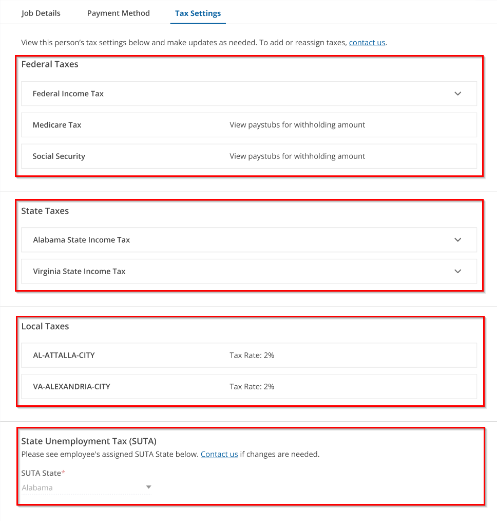 uAttend - Tax Settings - Federal taxes State taxes Local taxes and SUTA in red boxes.png