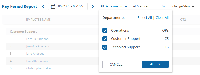 uAttend - Reports - Pay Period Report - Departments Filter - All Departments Selected - Screenshot.png