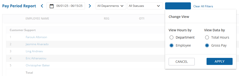 uAttend - Reports - Pay Period Report - Change View Filter - Employees and Gross Pay Selected - Screenshot.png