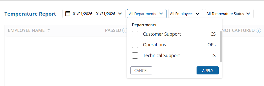 uAttend - Reports - Temperature Report - Department Filter - Screenshot.png