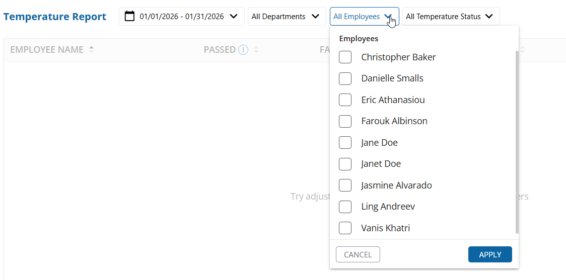 uAttend - Reports - Temperature Report - Employee Filter - Screenshot.png