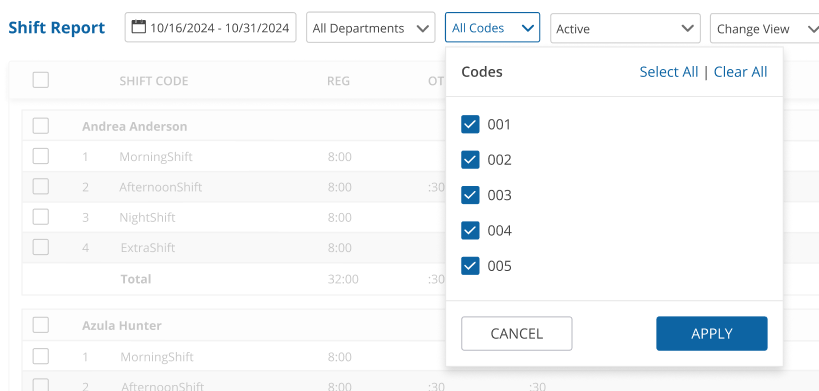 uAttend - Reports - Shift Report - Codes Filter.png