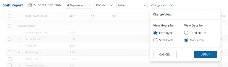 uAttend - Reports - Shift Report - Change View Filter - Employee and Gross Pay Selected - Screenshot.png
