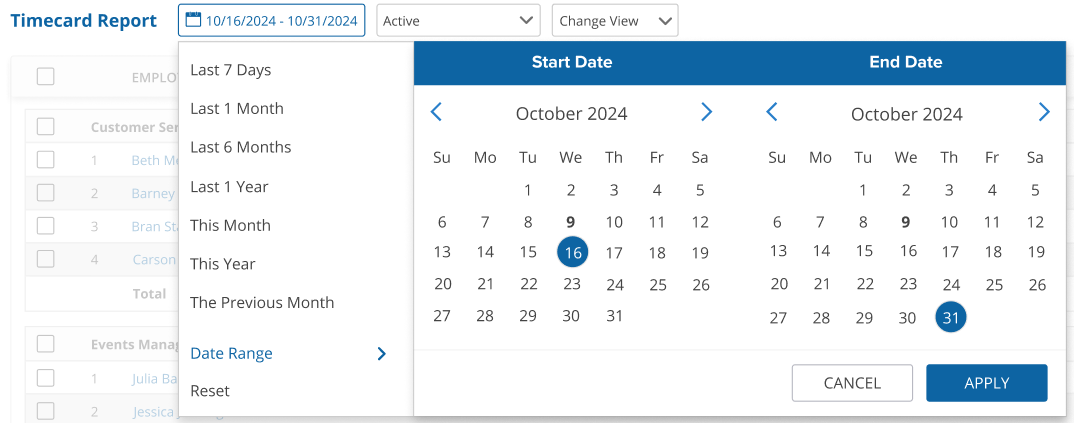 uAttend - Reports - Time Card Report - Date Filter - Screenshot.png