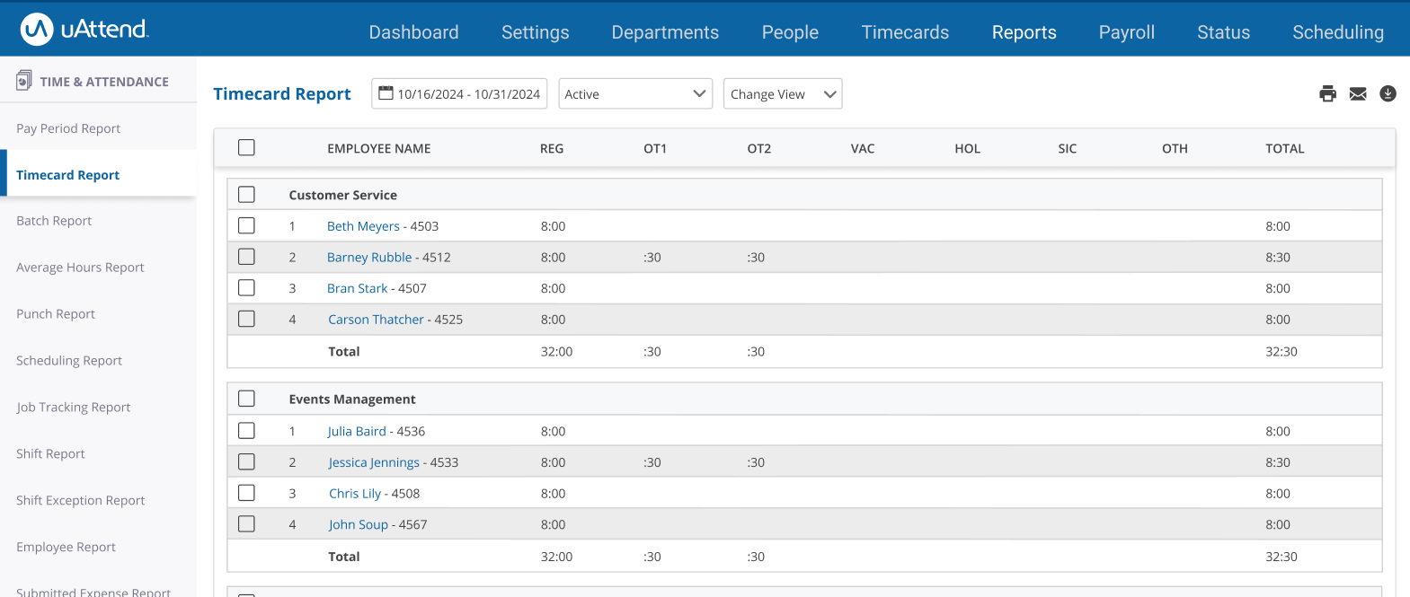 uAttend - Reports - Time Card Report Screenshot.png