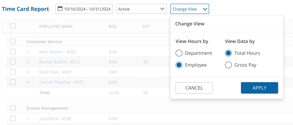 uAttend - Reports - Time Card Report - Change View Filter - Employee and Total Hours Selected - Screenshot.png