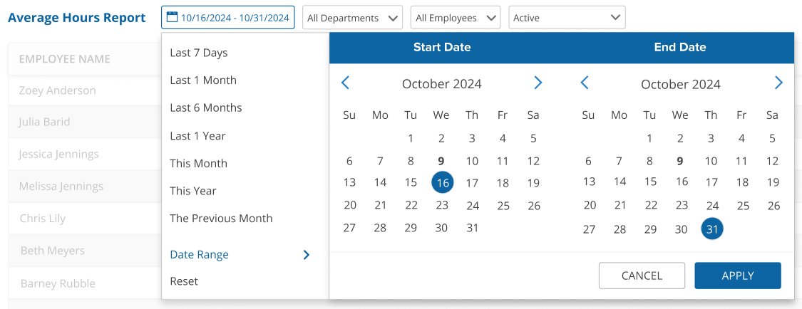 uAttend - Reports - Average Hours Report - Date Filter - Date Range Selected - Screenshot.png