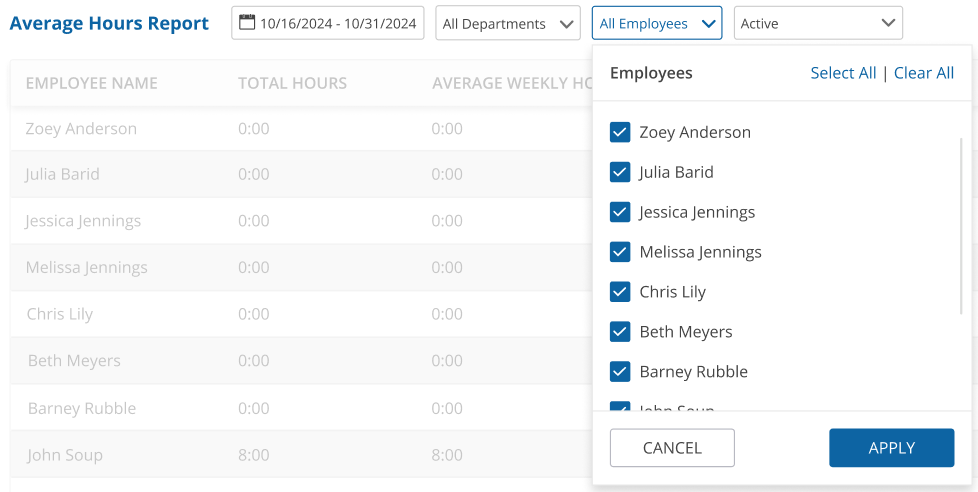 uAttend - Reports - Average Hours Report - Employees Filter - Screenshot.png