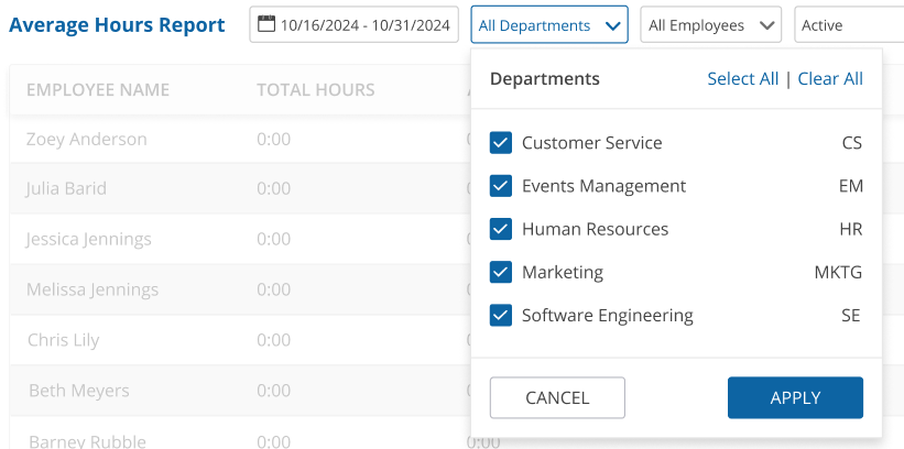 uAttend - Reports - Average Hours Report - Departments Filter - Screenshot.png