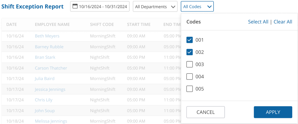 uAttend - Portal - Reports - Shift Exception Report - Code Filter.png